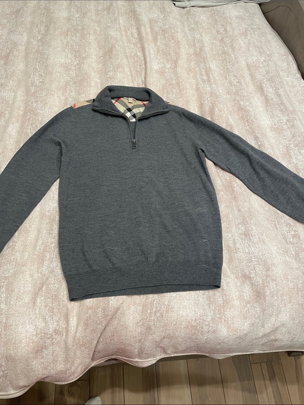 Burberry Charcoal Gray Half-Zip Sweater with Signature Check Collar